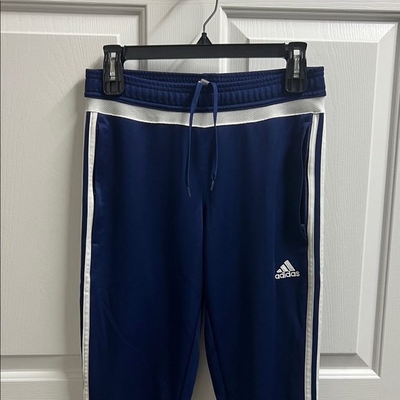 Adidas women’s Dark navy Blue Joggers running White Stripes small S - Picture 2 of 9